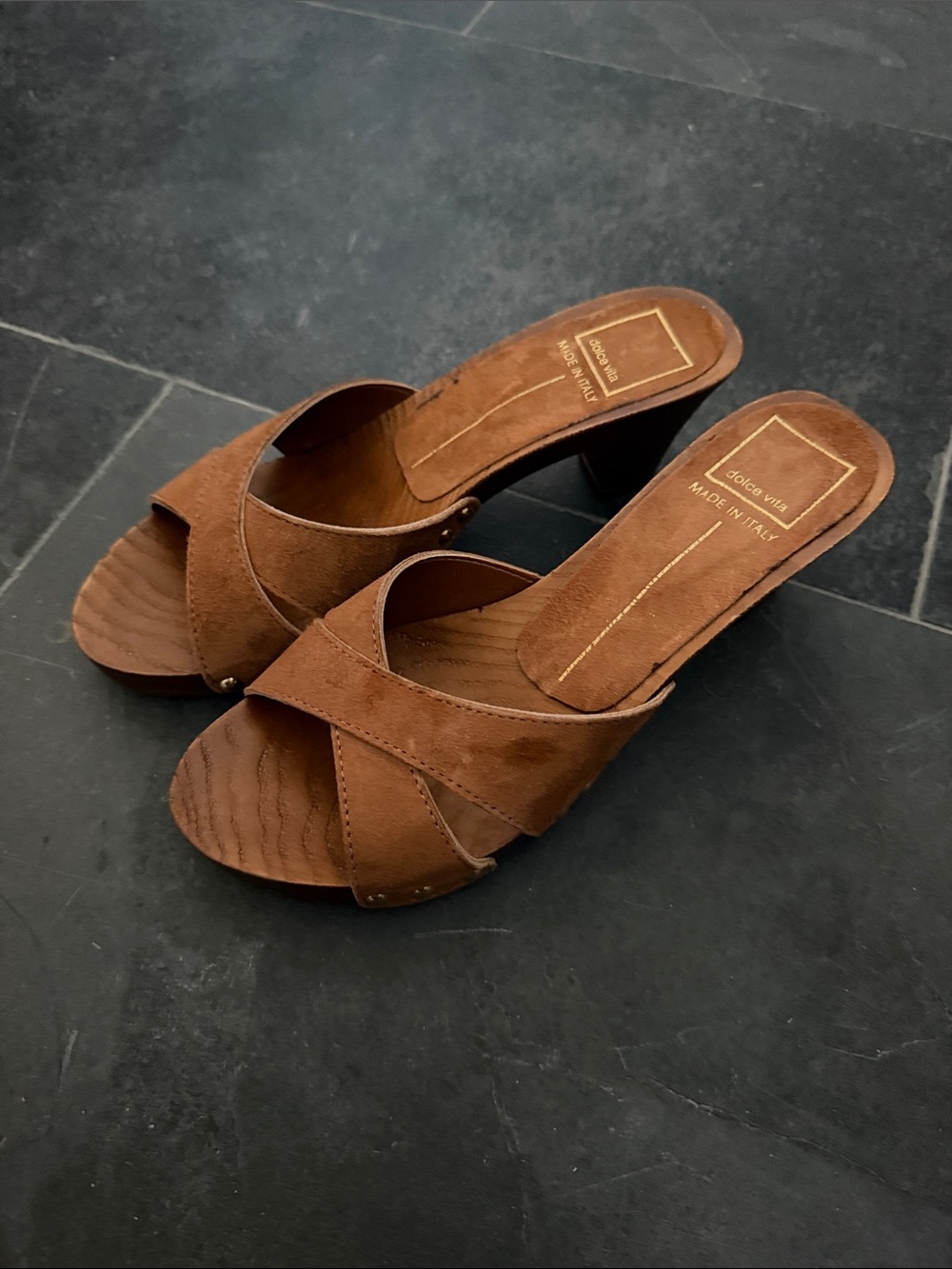 Dolce Vita Chestnut Brown Suede Crossover Mule Sandals